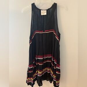Muche et Muchette Linen Black Sleeveless Dress with Multicolor Zig Zag Accents